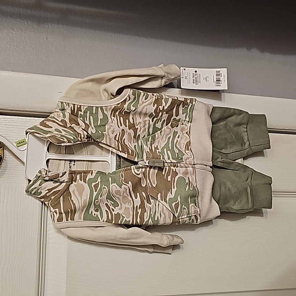 NWT 3m Carter's 3ps  with green pants l, tan long sleeve one-sie, and camo vest